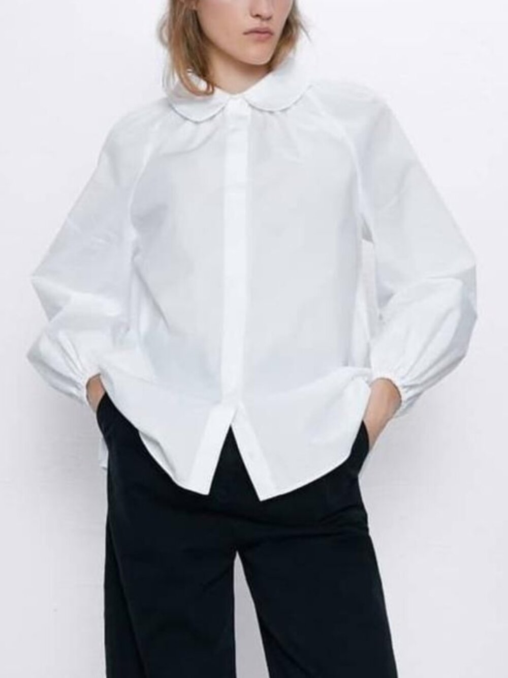 ZARA Whimsical Peter Pan Collar White 100% Cotton Poplin Shirt in Size S